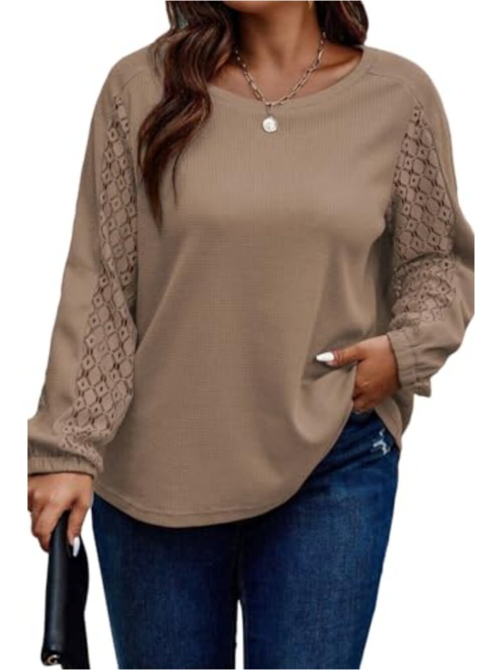 Plus Size Waffle Knit Tunic Top Lace Long Sleeve Crewneck Casual Blouse